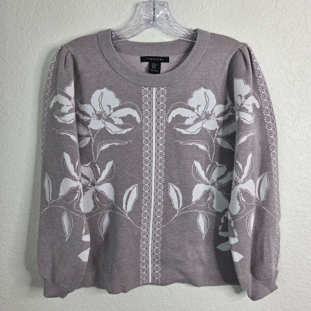 Tahari Sweater XS Gray White Floral Puff Sleeve Knit Cottagecore Romantic Boho